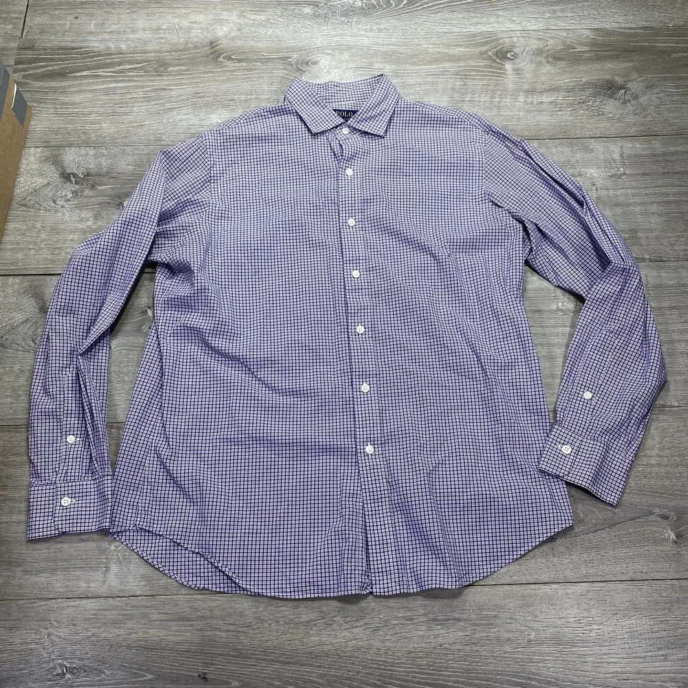 Polo Ralph Lauren Shirt Mens Large Purple White Plaid Button Down Cotton Classic